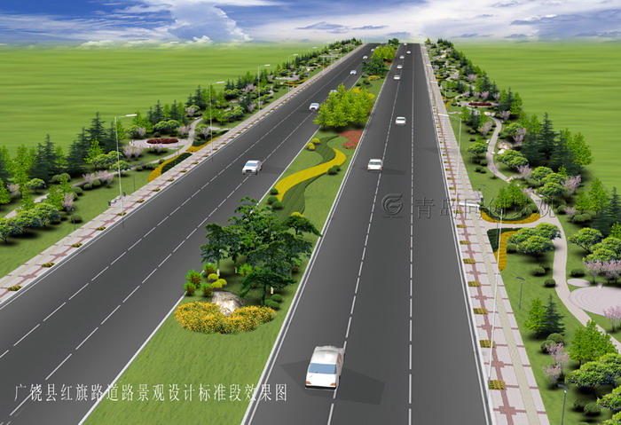 广饶县红旗路道路景观设计效果图 景观设计与建造; 青岛同创景观设计营造有限公司